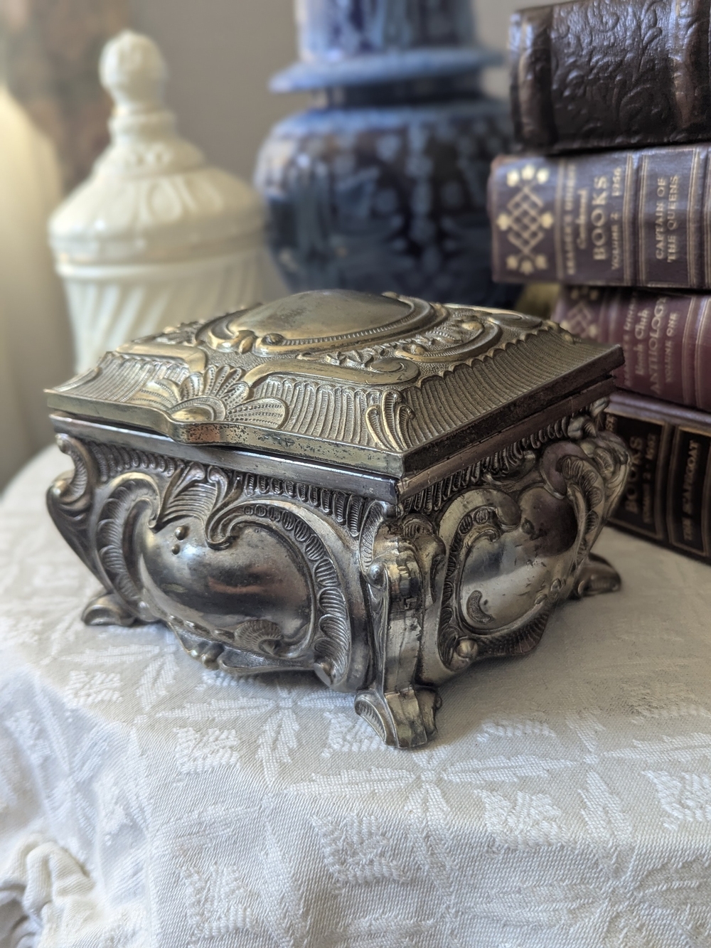 Ornate Metal Jewelry Casket – Hand-Restored Velvet Interior